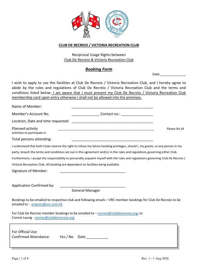 Club De Recreio Booking Procedures